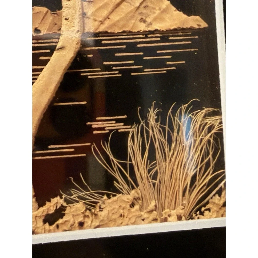 Carved Cork Asian Scene Framed Artwork Birds, Tree, Sailboat, Water